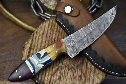 Hand Forged Twist Damascus Skinner Knife with Mixed Handle – Custom Hunting Blade