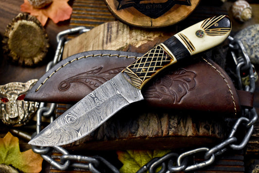 Hand Forged Twist Damascus Skinner Knife with Polished Bone Handle for Hiking and Collecting
