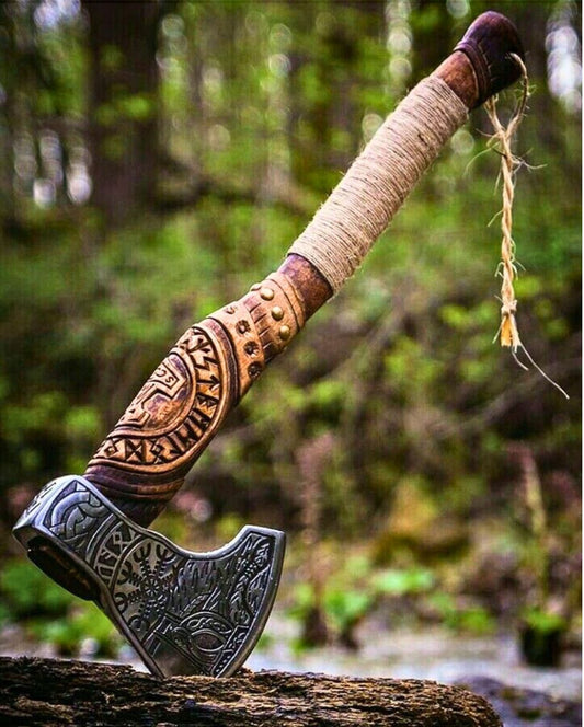 Hand Forged Viking Axe High Carbon Steel Bearded Hunting Axe with Ashwood Handle and Sheath