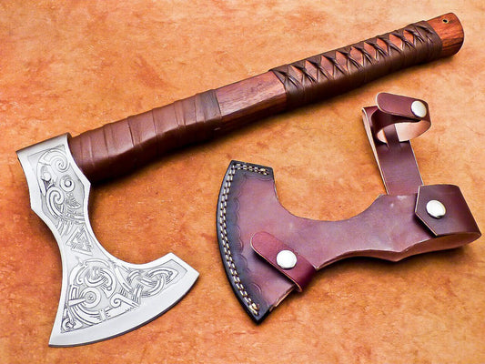 Hand Forged Viking Bearded Axe Carbon Steel Hatchet with Natural Wood Handle and Leather Sheath