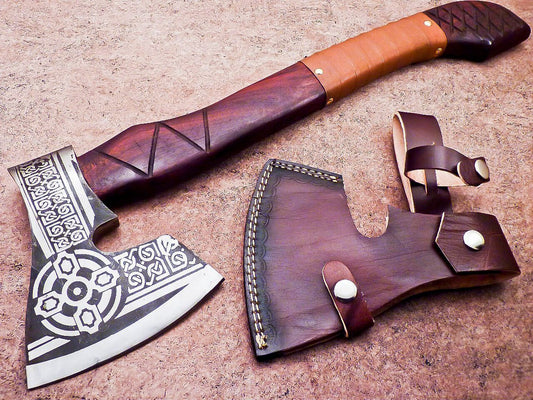 Hand Forged Viking Bearded Axe Carbon Steel Hatchet with Natural Wood Handle and Leather Sheath 19"