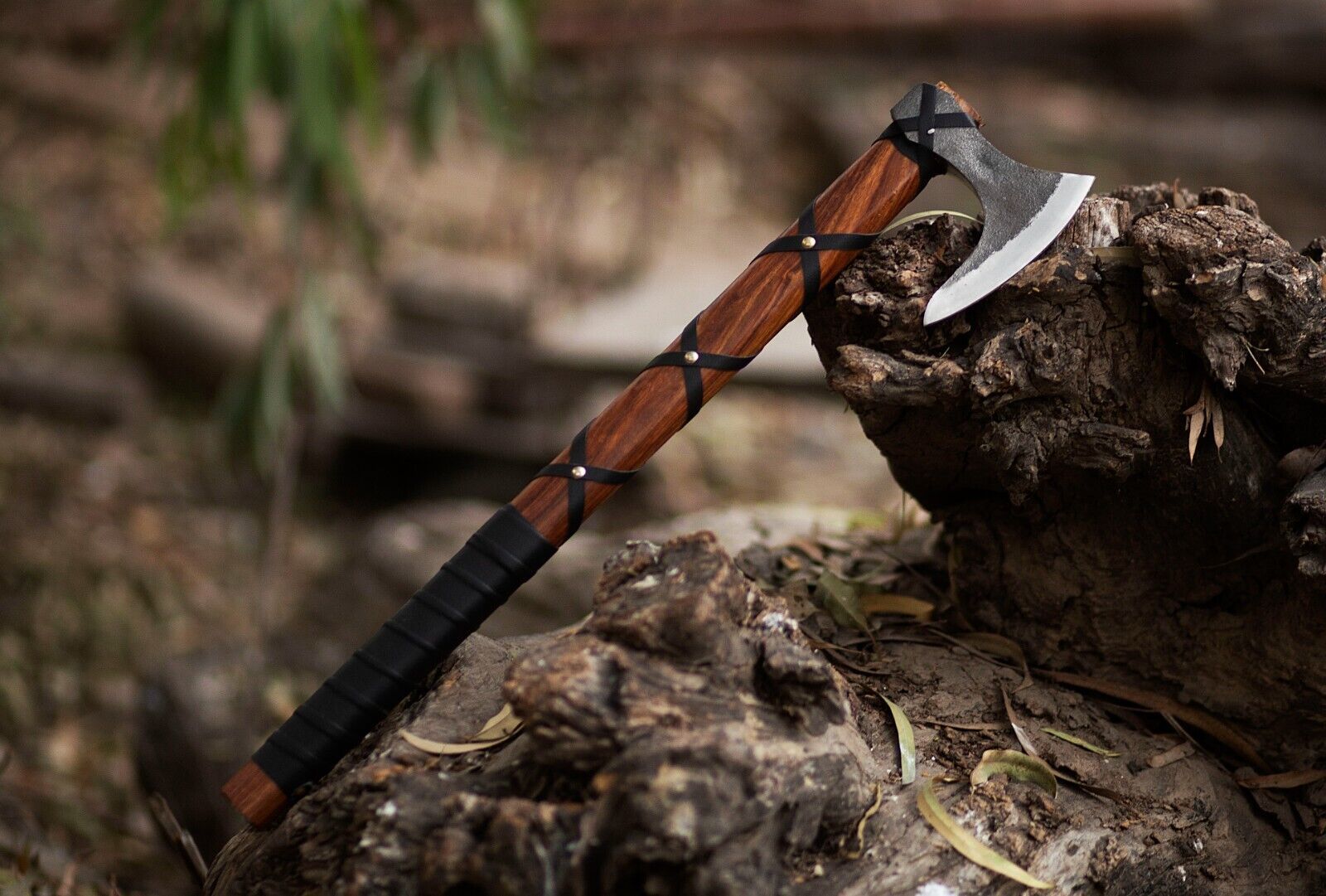 Hand Forged Viking Ragnar Carbon Steel Throwing Axe with Leather Wrap Handle and Sheath