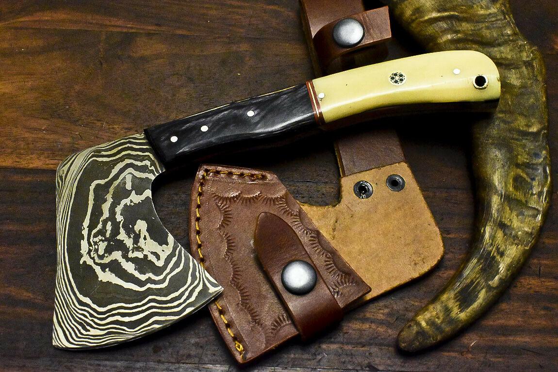 Hand Made Damascus Axe Hunting Chopper with Camel Bone Handle | Custom Damascus Steel Axe Knife