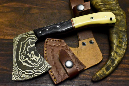 Hand Made Damascus Axe Hunting Chopper with Camel Bone Handle | Custom Damascus Steel Axe Knife
