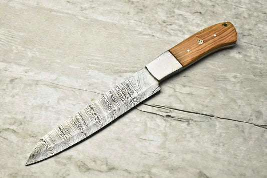 Hand Made Damascus Steel Blade Chef Kitchen Full Tang Chef Knife – 10" Blade, Olive Wood Handle, Oil Tempered 58-60 HRC

