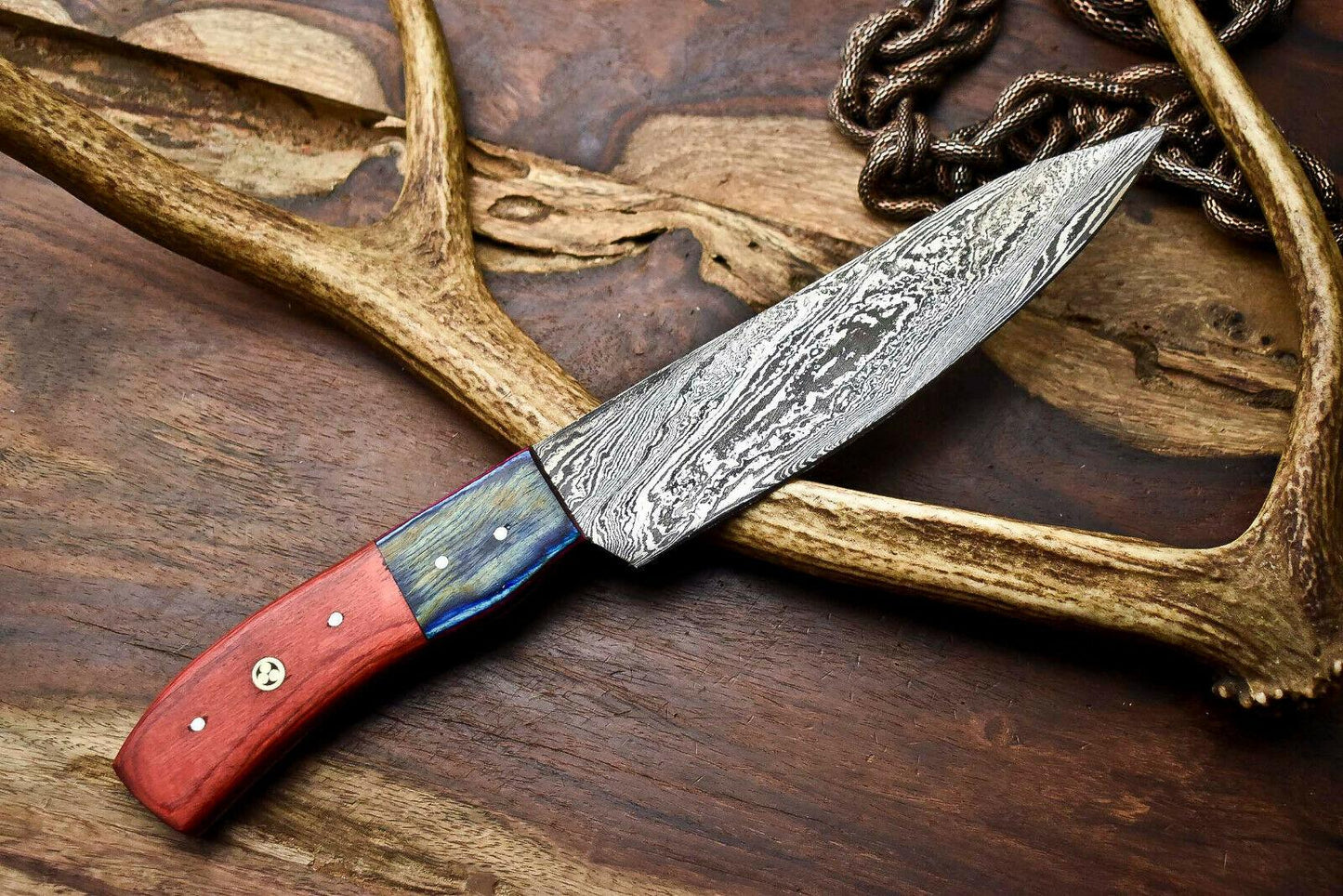 Hand Made Damascus Steel Blade Chef Kitchen Full Tang Knife | Hard Wood Handle, 12" Overall, 7" Blade