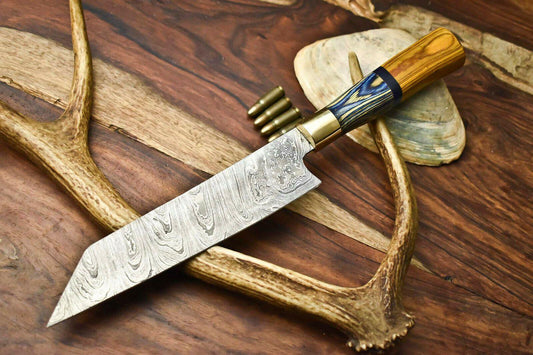 Hand Made Damascus Steel Blade Chef Knife with  Hard Wood Handle Full Tang Kitchen Knife