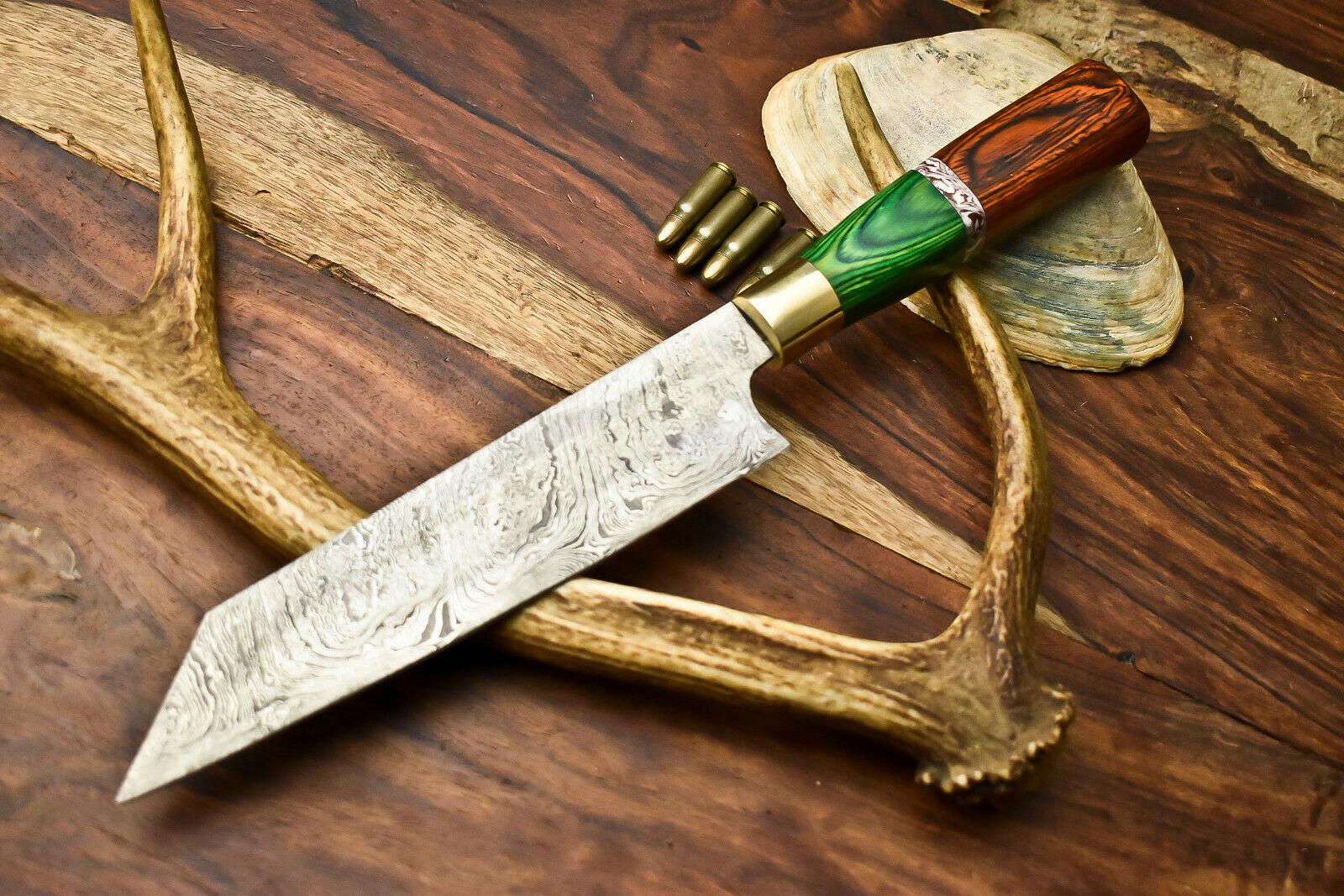 Hand Made Damascus Steel Blade Chef Knife with Wood Handle  Full Tang Kitchen Knife