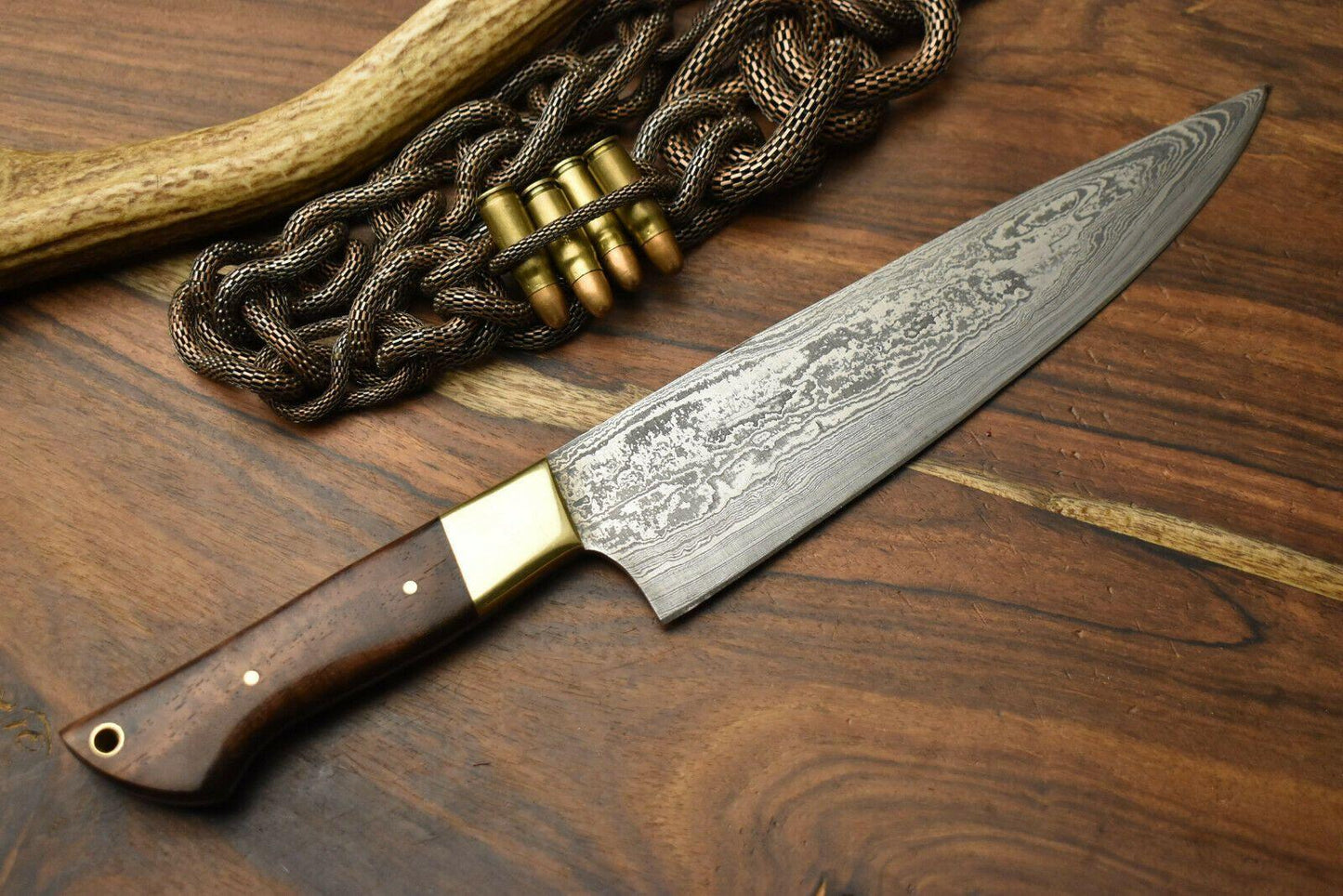 Hand Made Damascus Steel Chef Knife Kitchen Full Tang Knife Walnut Wood Handle 