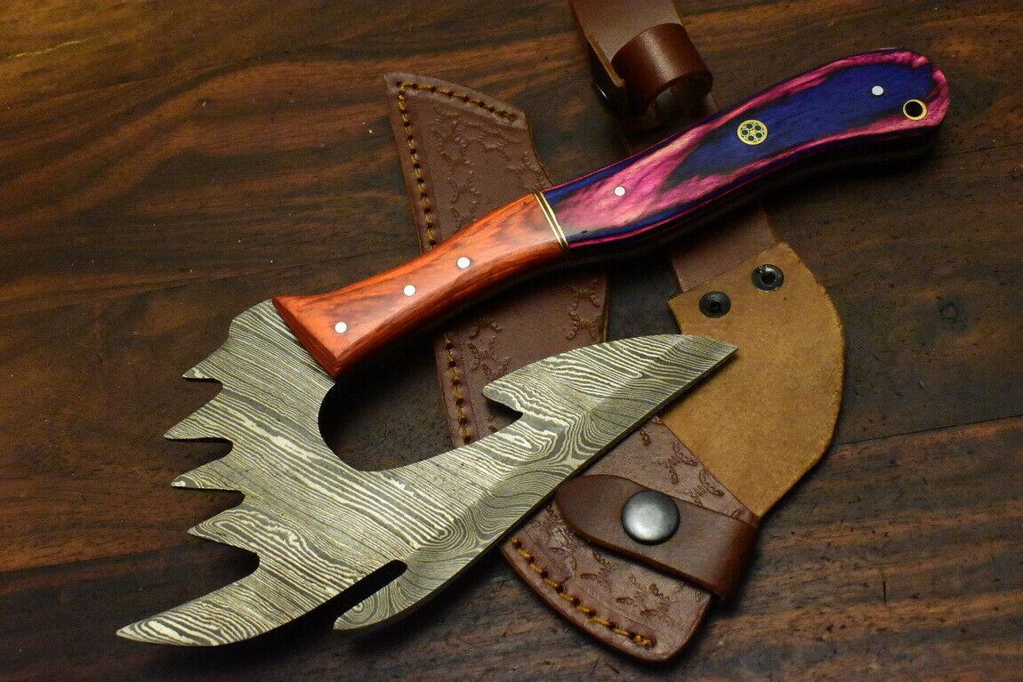 Hand Made Damascus Steel Hard Wood Hunting Clever Chopper Axe Knife with Leather Sheath