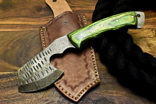 Hand Made Damascus Steel Hardwood Hunting Clever Chopper Axe Knife with Leather Sheath