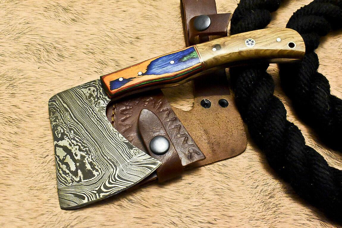 Hand Made Damascus Steel Olivewood Hunting Clever Chopper Axe Knife with Leather Sheath