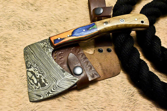 Hand Made Damascus Steel Olivewood Hunting Clever Chopper Axe Knife with Leather Sheath