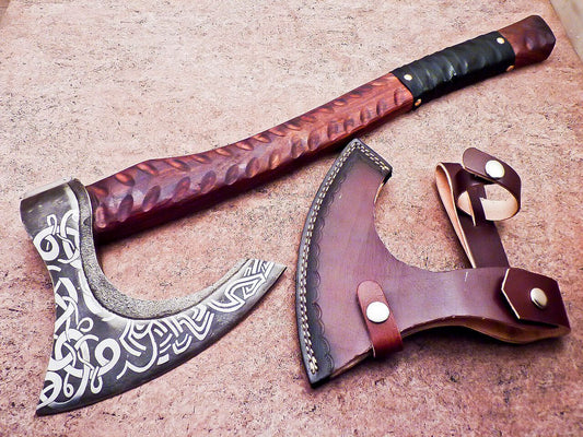 Hand Forged Viking Bearded Axe – 20 Inch Carbon Steel Hatchet with Olive Wood Handle