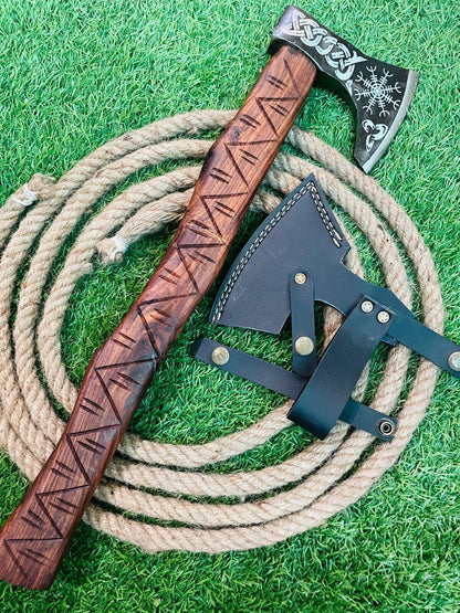 Hand made Forged Carbon Steel Axe Viking Axe with Wooden Handle & Leather Sheath