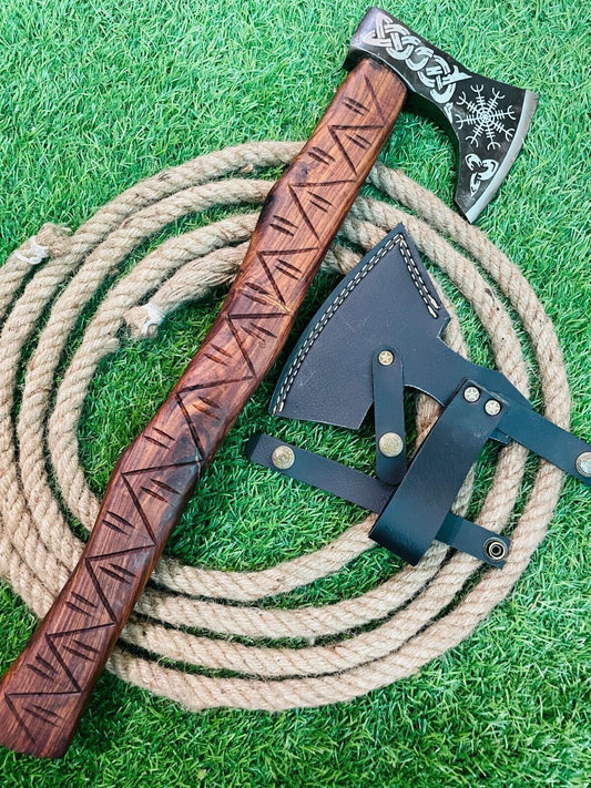 Hand made Forged Carbon Steel Axe Viking Axe with Wooden Handle & Leather Sheath