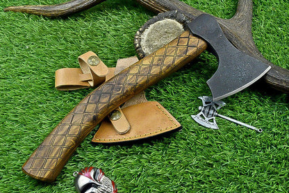 Handcrafted Carbon Steel Tomahawk Axe with Leather Sheath