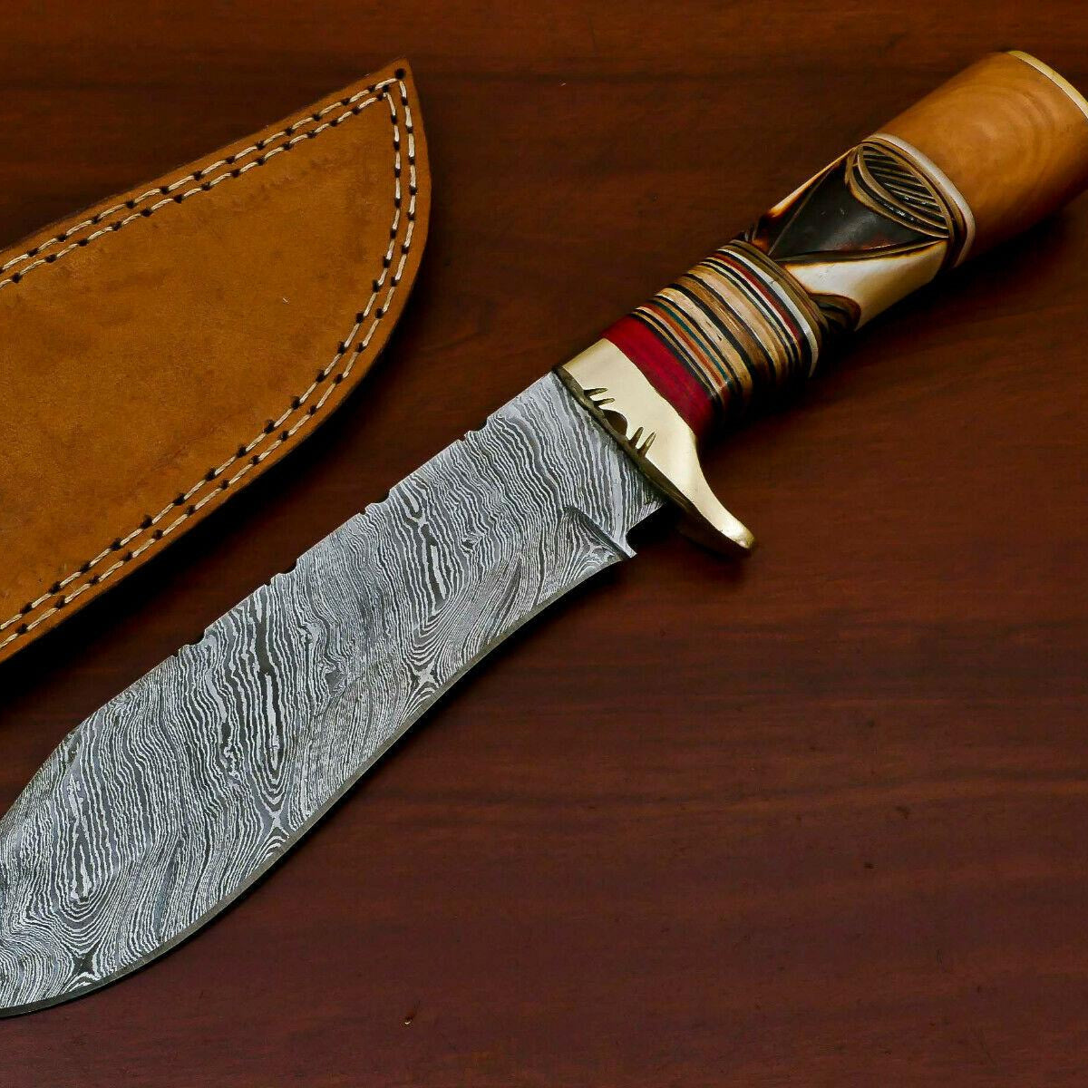 Handcrafted Damascus Bowie Knife – Engraved Camel Bone, Olive & Pakka Wood Handle, 12" with Leather Sheath