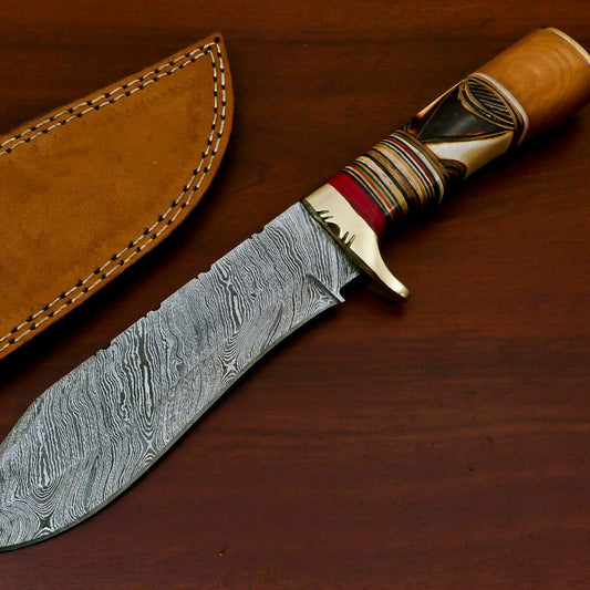 Handcrafted Damascus Bowie Knife – Engraved Camel Bone, Olive & Pakka Wood Handle, 12" with Leather Sheath