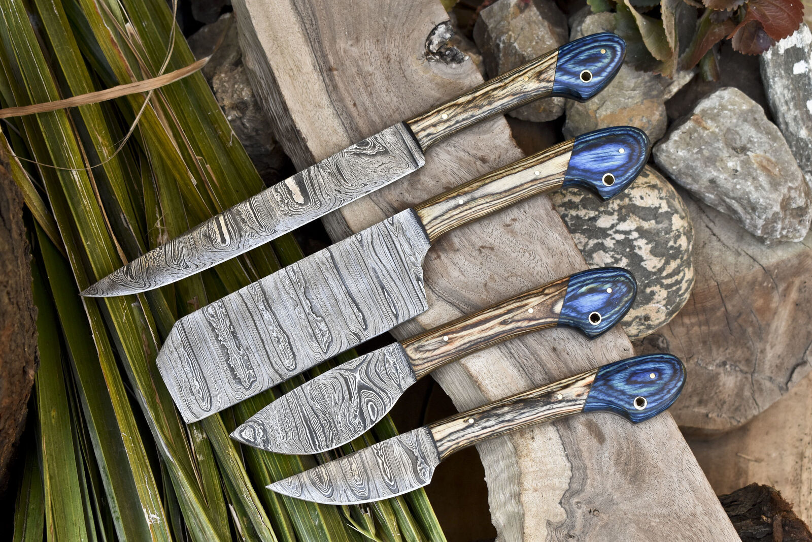 Handcrafted Damascus Chef Knife Set of 4 – Ash Wood Handle, 13" Full Tang Kitchen Knives