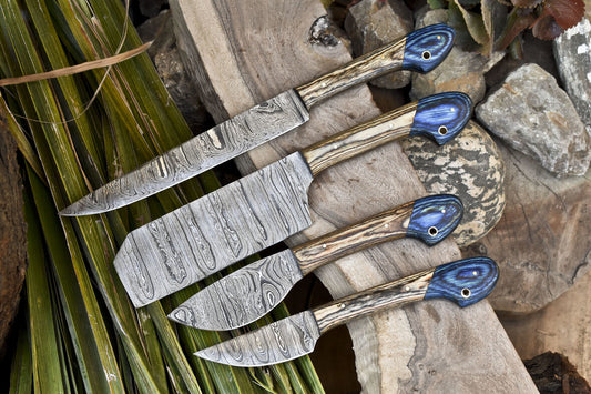 Handcrafted Damascus Chef Knife Set of 4 – Ash Wood Handle, 13" Full Tang Kitchen Knives