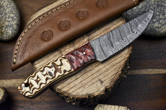 Handcrafted Damascus Skinner Knife Twist Pattern Hardwood Handle with Wooden Bolster and Leather Sheath