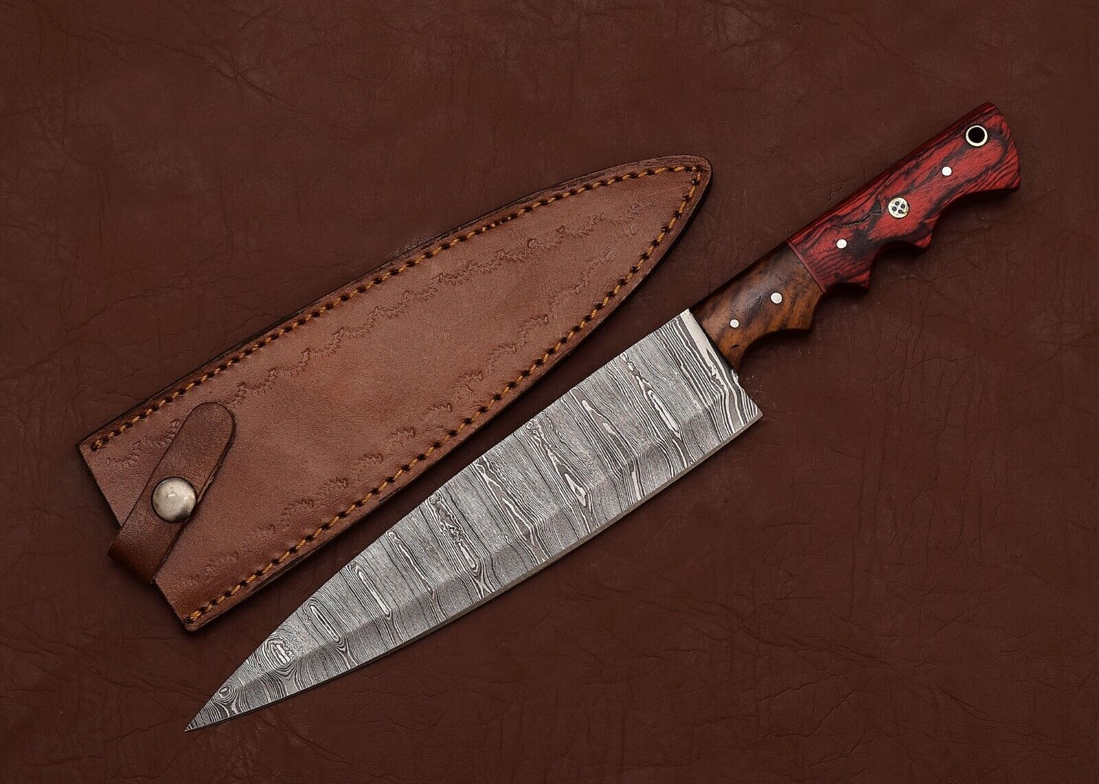 Handcrafted Damascus Steel Chef & Fillet Knife with 8" Blade and Pakka Wood Handle

