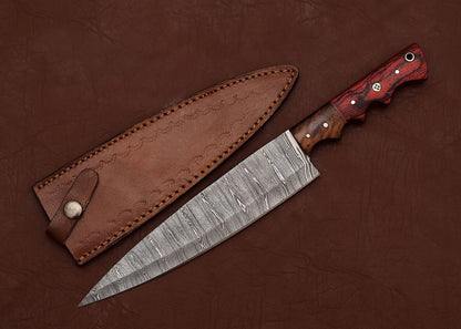 Handcrafted Damascus Steel Chef & Fillet Knife with 8" Blade and Pakka Wood Handle


