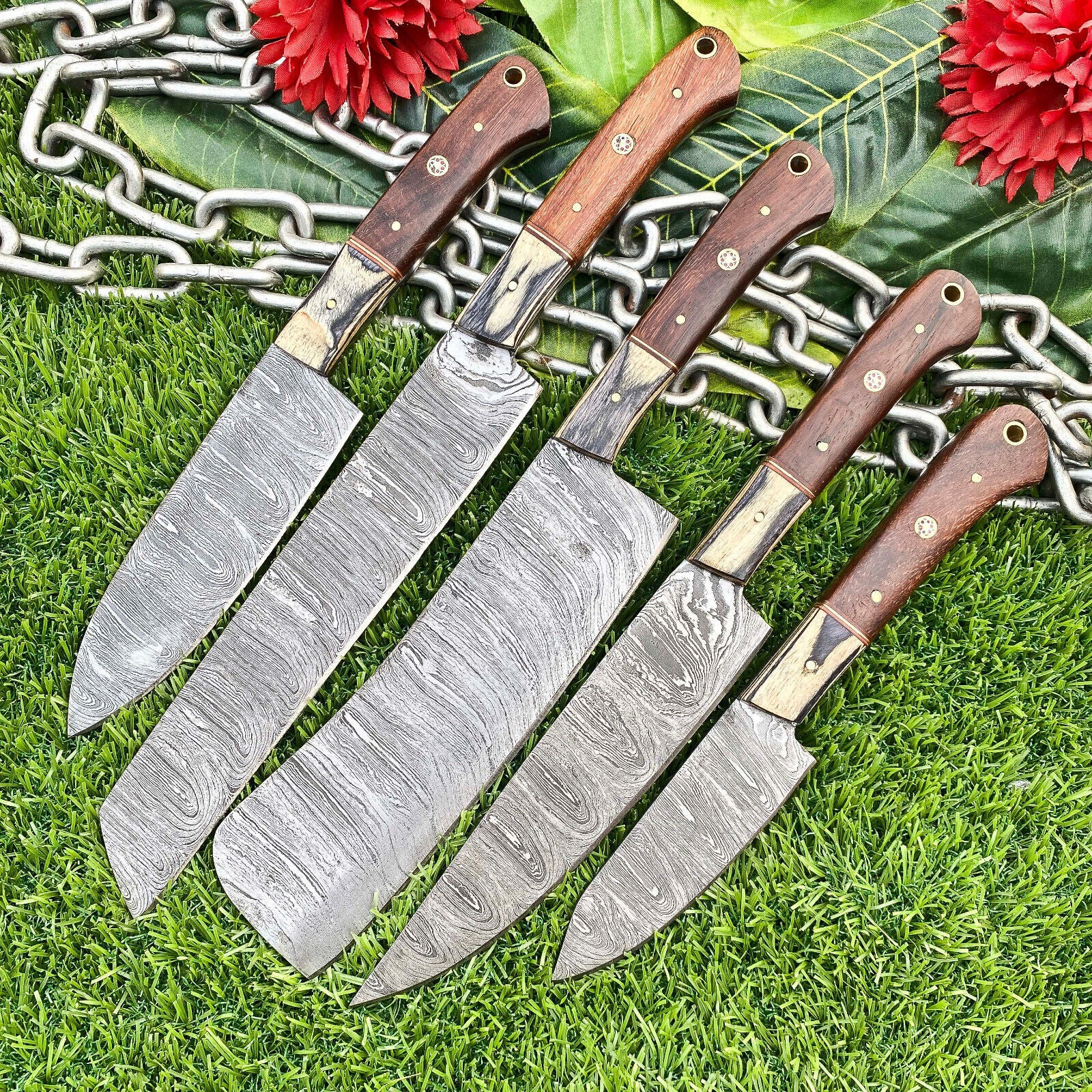 Handcrafted Damascus Steel Full Tang Kitchen Knife Set Best Damascus Knife Set for Chefs