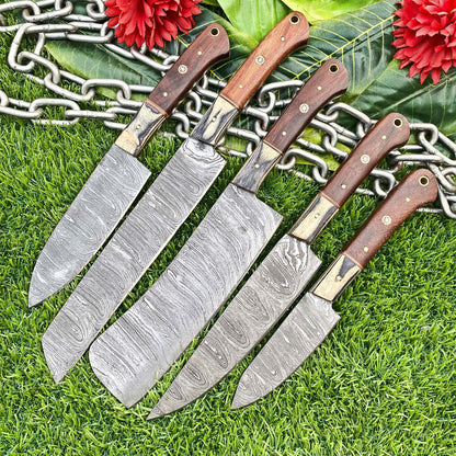 Handcrafted Damascus Steel Full Tang Kitchen Knife Set Best Damascus Knife Set for Chefs