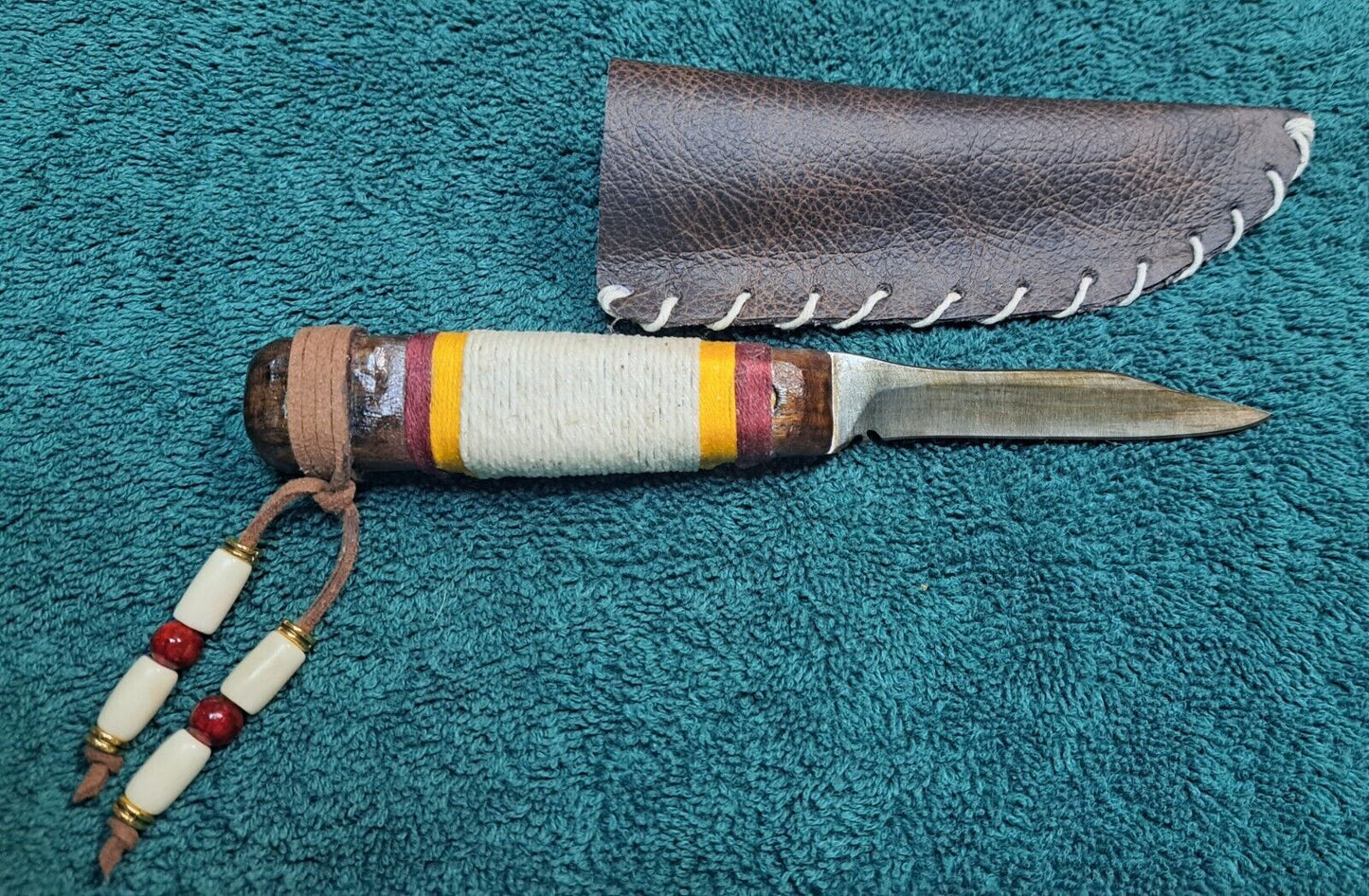 Handcrafted Skinner Knife – 6.5" Full Tang Stainless Blade with Dyed Hemp Wrapped Wood Handle & Leather Sheath