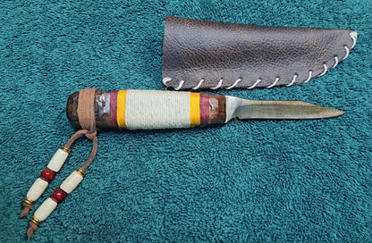 Handcrafted Skinner Knife – 6.5" Full Tang Stainless Blade with Dyed Hemp Wrapped Wood Handle & Leather Sheath