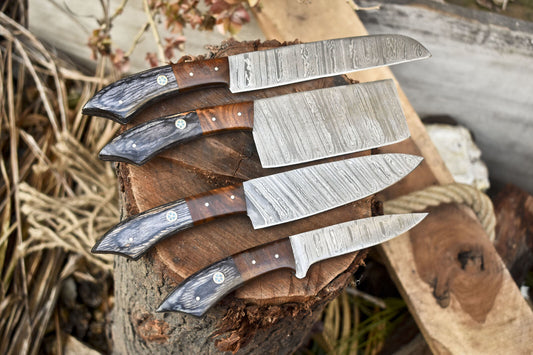 Handcrafted Twist Damascus Chef Knife Set of 4 – Hardwood Handle, Camping & Kitchen Use