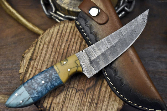 Handcrafted Twist Damascus Skinner Knife with Corian Handle – Gift-Ready Hunting Blade