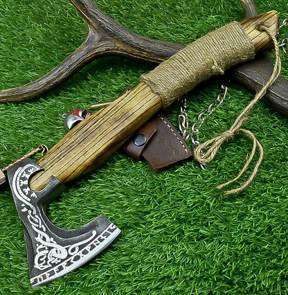 Handcrafted Viking Tomahawk Axe – Carbon Steel Blade with Ash Wood Handle and Leather Sheath, 14 Inch