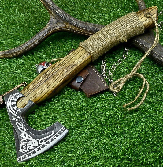 Handcrafted Viking Tomahawk Axe – Carbon Steel Blade with Ash Wood Handle and Leather Sheath, 14 Inch