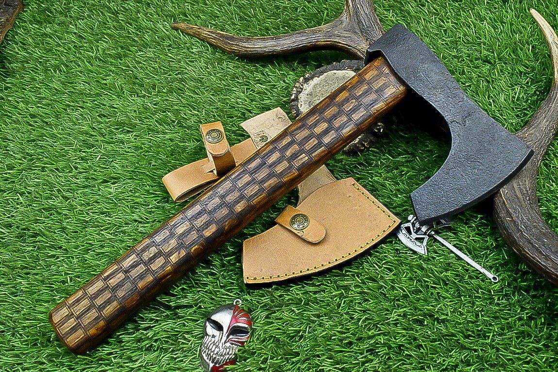 Handcrafted Viking Tomahawk Axe – Carbon Steel Blade with Leather Sheath