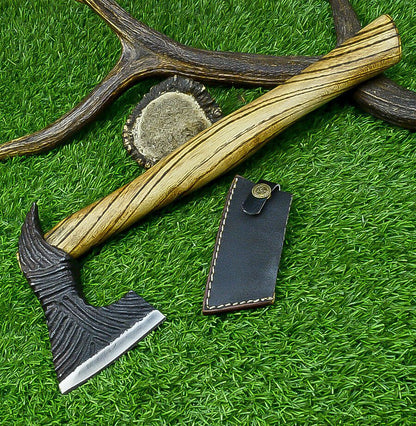 Handcrafted Viking Tomahawk Axe – Carbon Steel Blade with Rose Wood Handle and Leather Sheath, 14 Inch