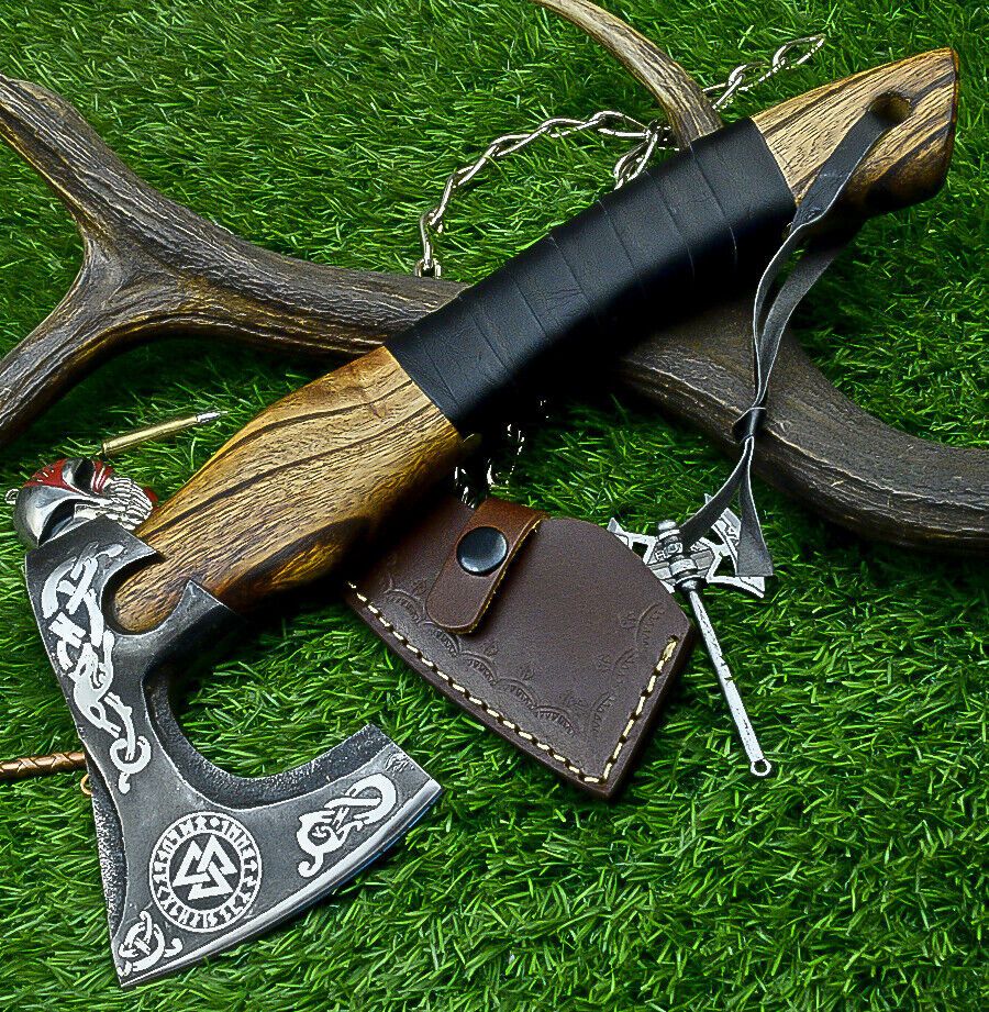 Handcrafted Viking Tomahawk Axe – Carbon Steel Blade with Rosewood Handle and Leather Sheath, 12 Inch