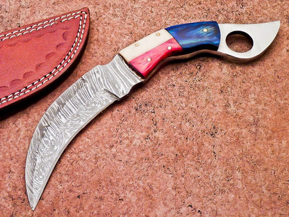 Handforged Damascus Karambit Knife 10" Damascus Steel Knife with Camel Bone & Wood Handle 