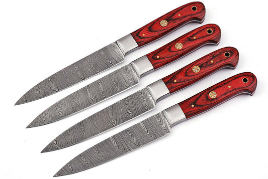 Handmade Damascus Steak Knives Set – 4 Kitchen Knives with Red Wood Handles