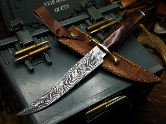 HandmadeDamascusSteelBowieHuntingKnifeTwistHardwoodHandlewithSheathHeritageForge