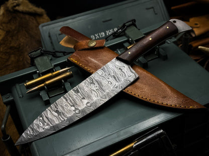 Handmade Damascus Steel Chef Knife – Wood Handle & Leather Sheath by 2a Knives