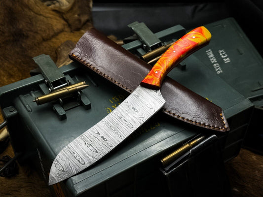 Handmade Damascus Steel Hunting & Kitchen Chef Knife with Resin Handle and Leather Sheath