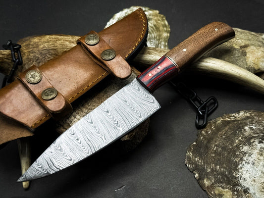 Handmade Damascus Steel Kitchen Chef Knife with Wood Handle & Leather Sheath