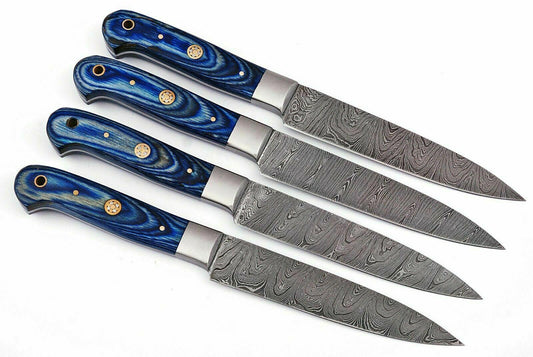 Handmade Damascus Steel Kitchen Steak Knives Set with Blue Wood Handle