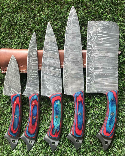  Handmade Twist Damascus Steel Chef Knife Set – 9" to 13" – Pakka Wood Handle