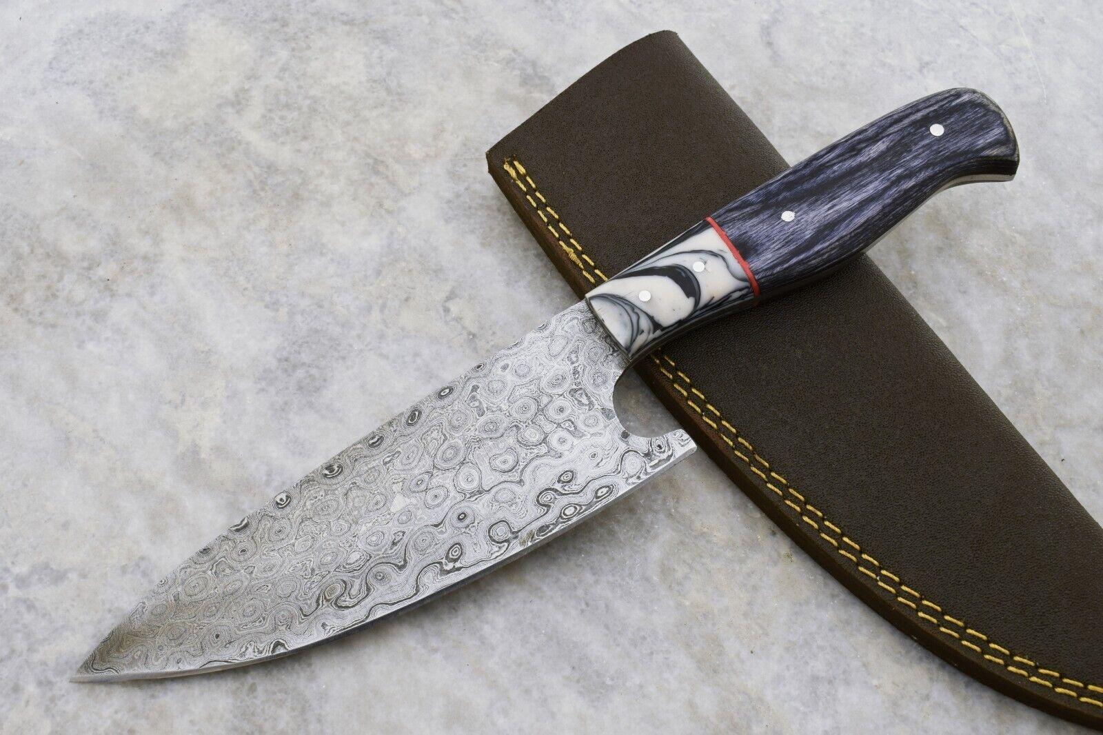Handmade 10.5-Inch Damascus Steel Chef & Hunting Knife with Hard Wood Handle and Leather Sheath, Full Tang, Oil-Tempered 58-60 HRC, Razor-Sharp Blade