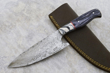 Handmade 10.5-Inch Damascus Steel Chef & Hunting Knife with Hard Wood Handle and Leather Sheath, Full Tang, Oil-Tempered 58-60 HRC, Razor-Sharp Blade