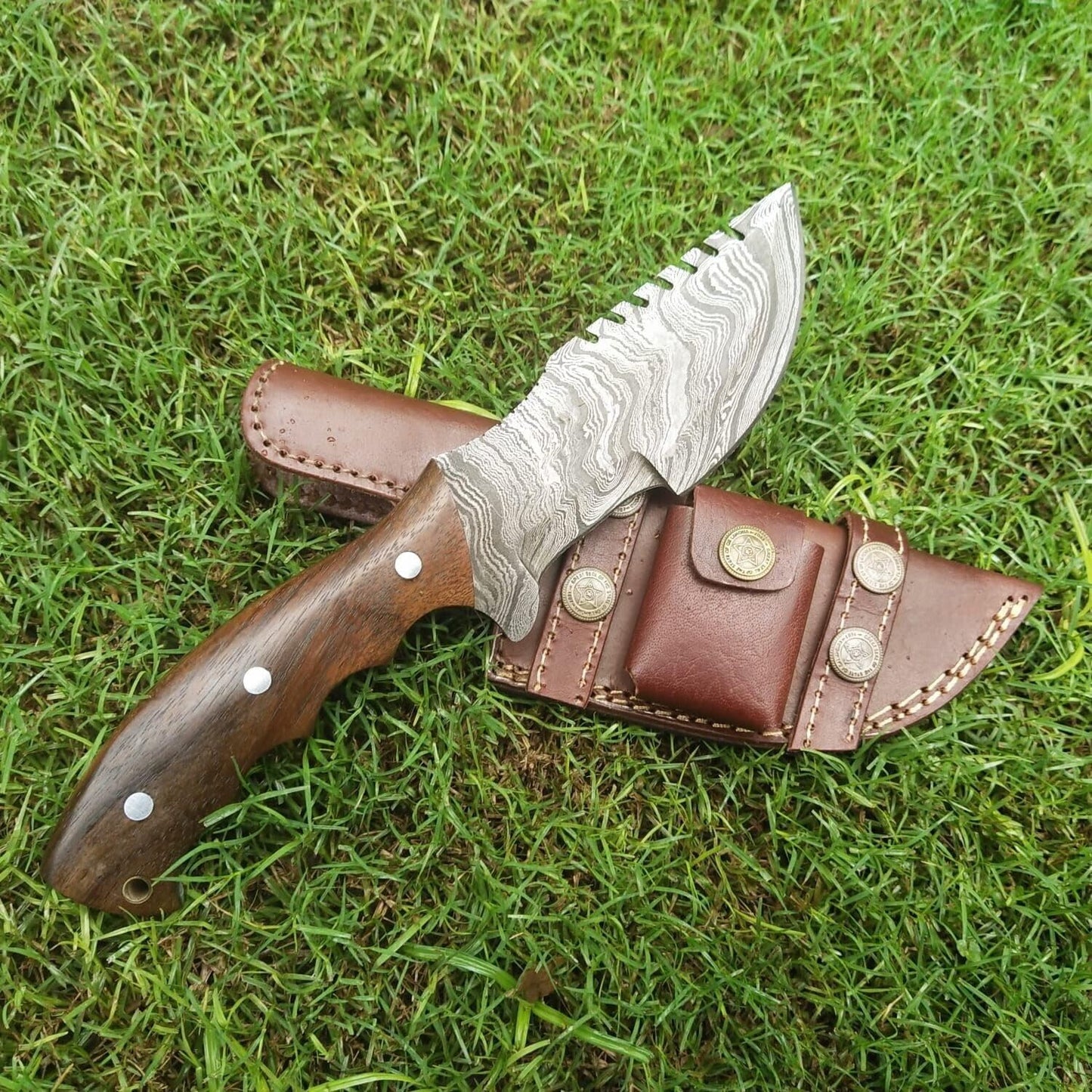 Handmade 10" Damascus Steel Tracker Knife – Fixed Blade Hunting Knife with Wood Handle & Leather Sheath